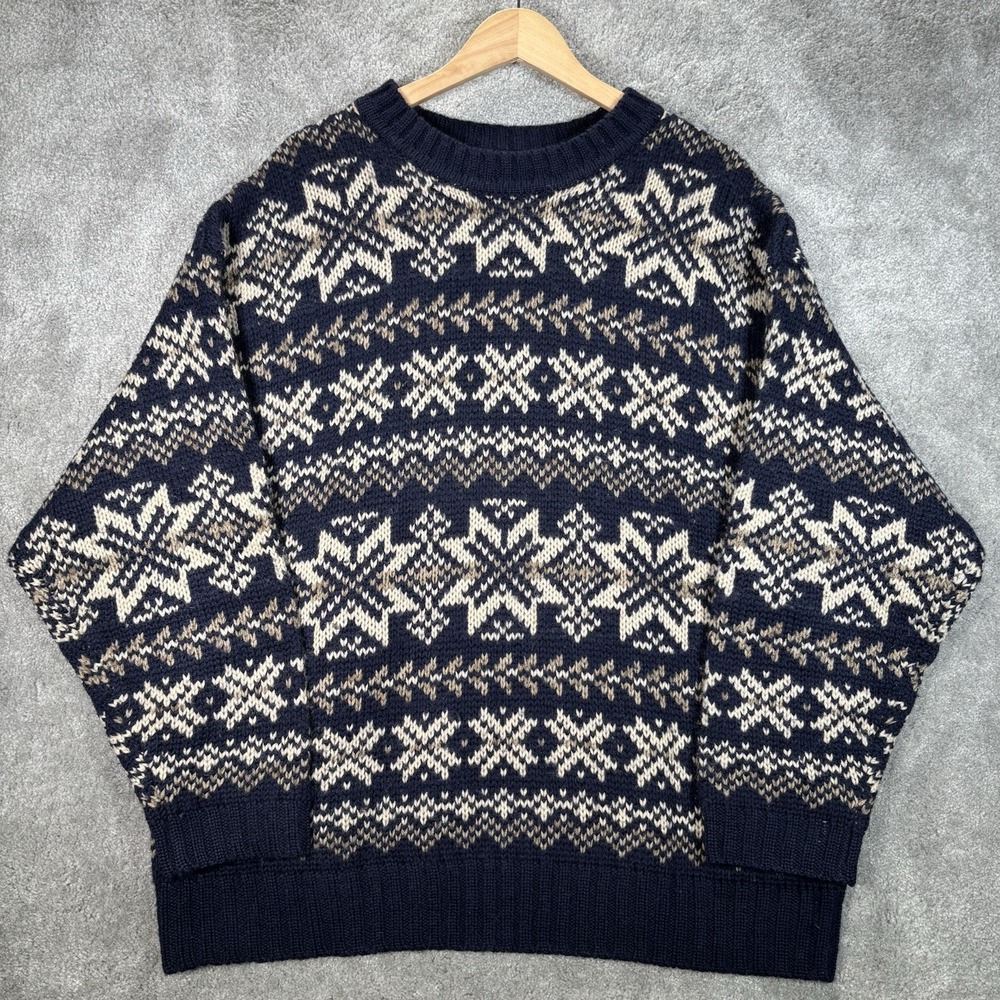 Vintage Abercrombie & Fitch Sweater Mens L Blue Fair Isle Nordie 100% Wool 90s